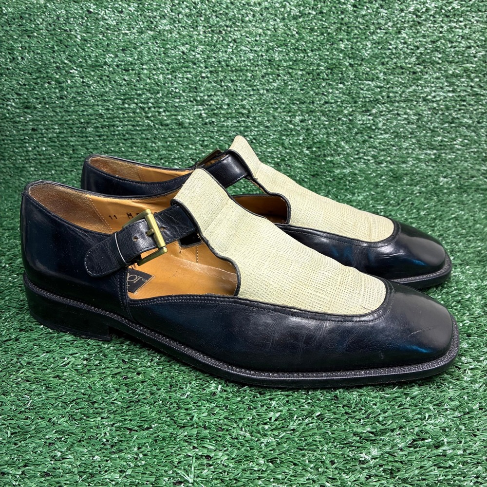 Brassboot T-Strap Leather Woven Vamp Buckle Formal Dress Shoes Black Mens 11 M